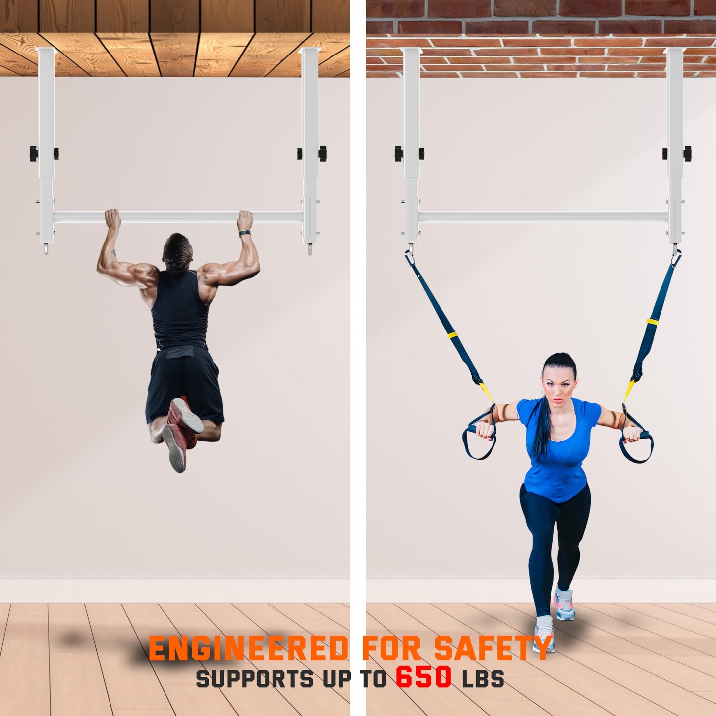 HWOOUSA 48" Ceiling Mount Pull Up Bar, Heavy Duty Multi-Grip Rafter Chin Up Bar for Garage/Basement/Backyard Ceiling Beam, Adjustable Height&Supports to 650 Lbs (White)