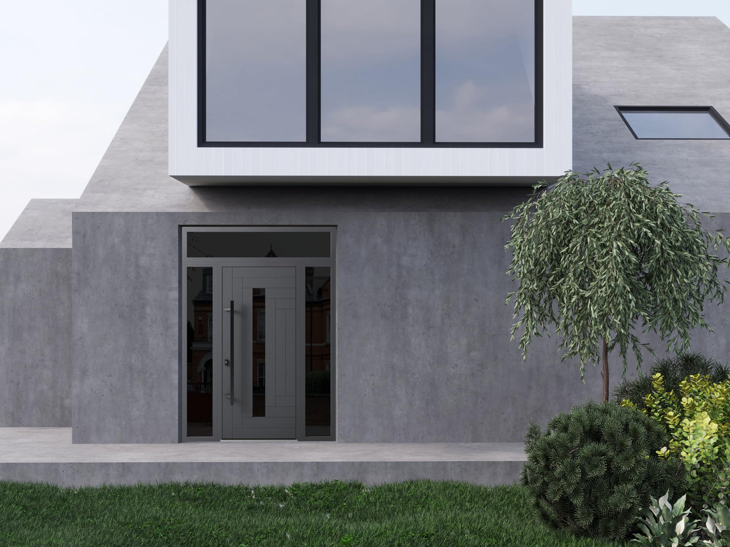 VDOMDOORS Front Exterior Prehung Steel Door/Ronex 0130 Grey / 2 Side and Top Exterior Window Sidelite/Entry Metal Modern Painted W16+36+16" x H80+16" Right Hand Inswing