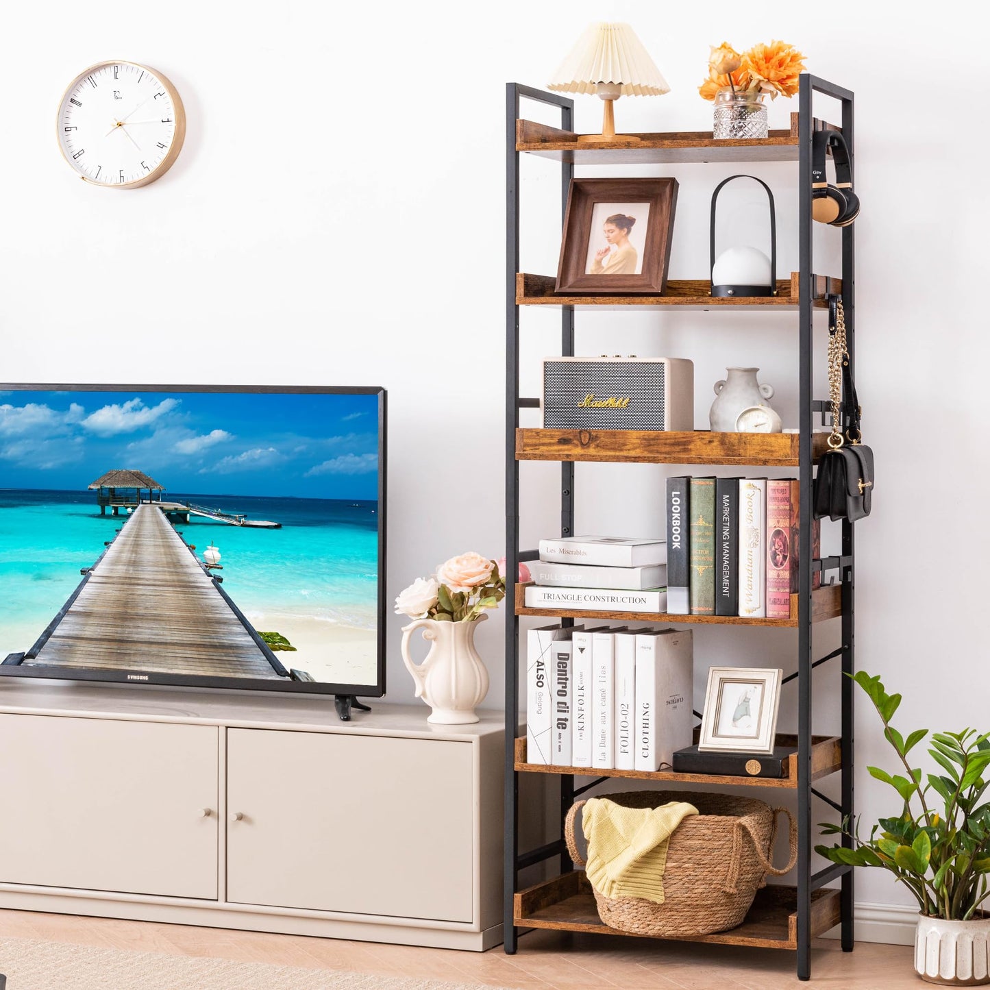 HCHQHS Adjustable 6 Tier Open Bookcase, Rustic Farmhouse Book Shelves, Industrial Wood and Black Metal Bookshelves, Mid Century Bookcase for Home Office Living Room Bedroom
