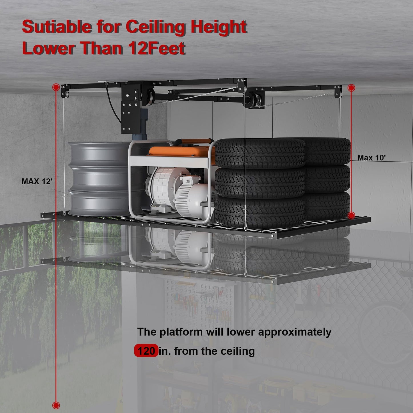 Electric Overhead Garage Storage Lift 4x8 FT, Remote Controlled Ceiling Storage Rack for 10-12 ft High Ceilings, Heavy Duty Steel Garage Organizer Storage System, 450LBS Capacity with Safety Lock