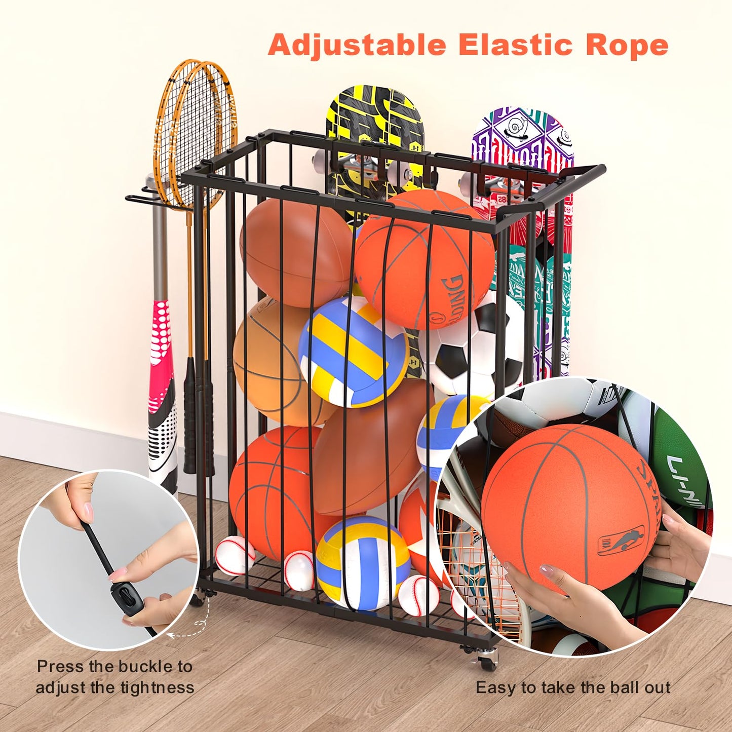 Multi-Functional Sports Storage Rack with Elastic Rope, Movable Racket Holders & Hooks - Heavy-Duty Organizer for Balls, Tennis/Badminton Rackets, Skateboard - Ideal for Garage, Home Gym & Playroom