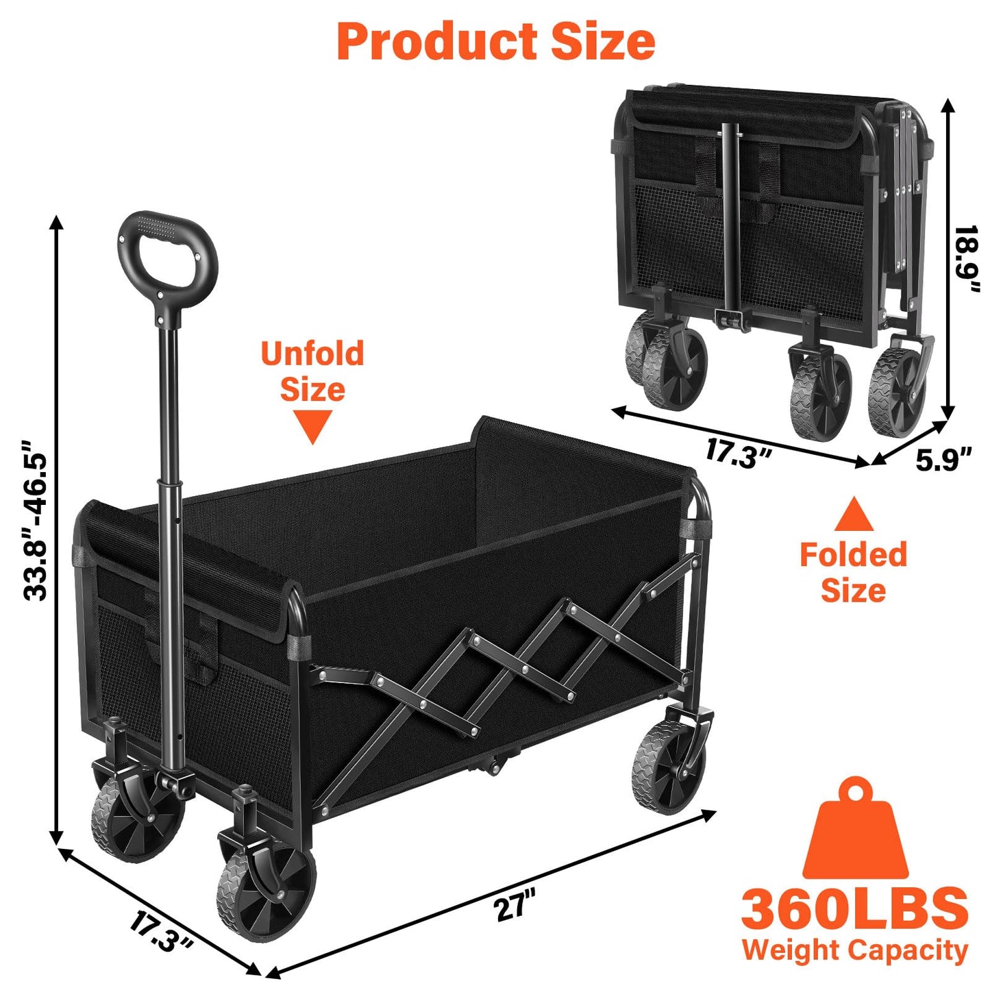 Wagons Carts Foldable - Portable Folding Collapsible Wagons with Wheels - Heavy Duty Utility Carts for Groceries, Shopping, Camping, Sports, Garden，Beach - Black