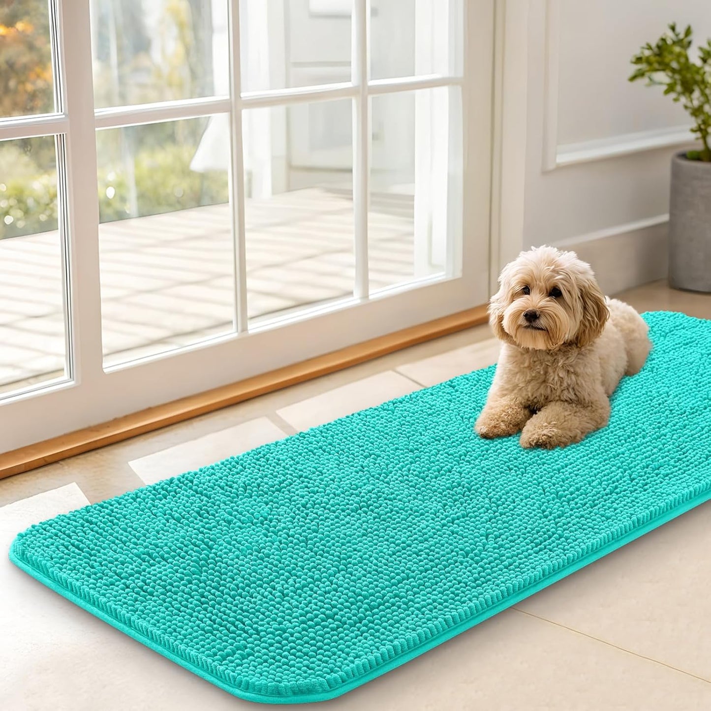 OLANLY Dog Door Mat - Absorbent Non-Slip Chenille for Muddy Paws | 47x17 Inches, Quick Dry, Teal