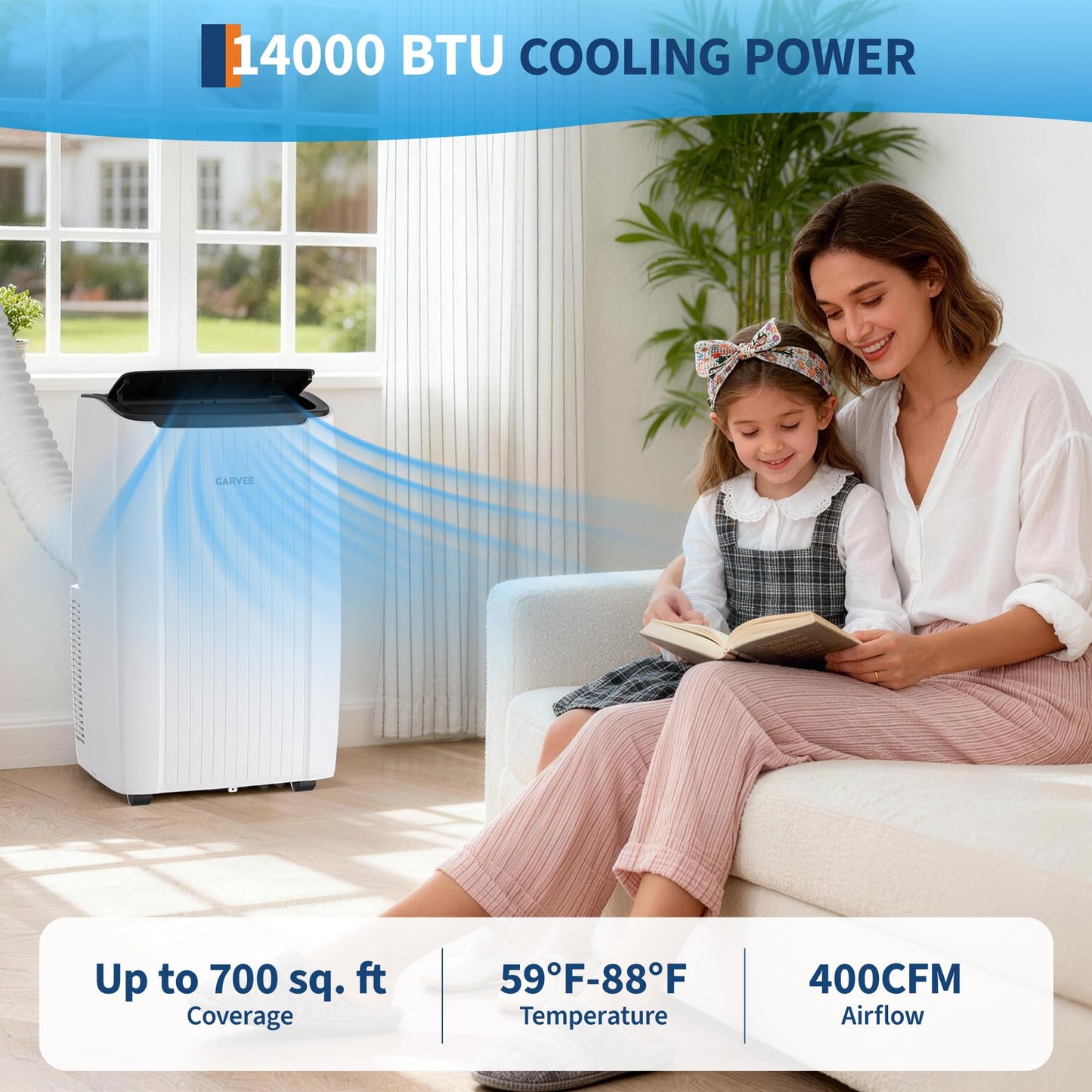 Garvee 14000 BTU Portable Air Conditioner, Portable AC Unit with Dehumidifier, Fan and Remote Control, Energy Efficient Indoor AC Conditioner for Rooms up to 700 Sq. Ft., White
