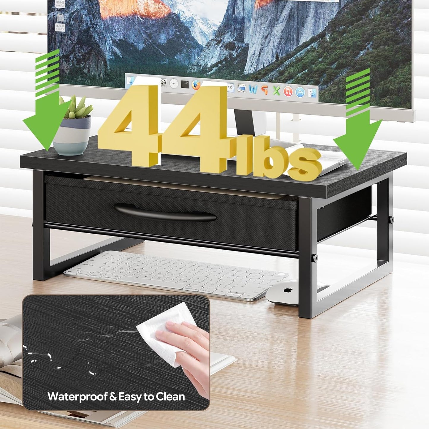2-Tier Ekisemio Monitor Stand with Fabric Drawer Wood and Metal Computer Riser, Desk Organizer for Office, Black