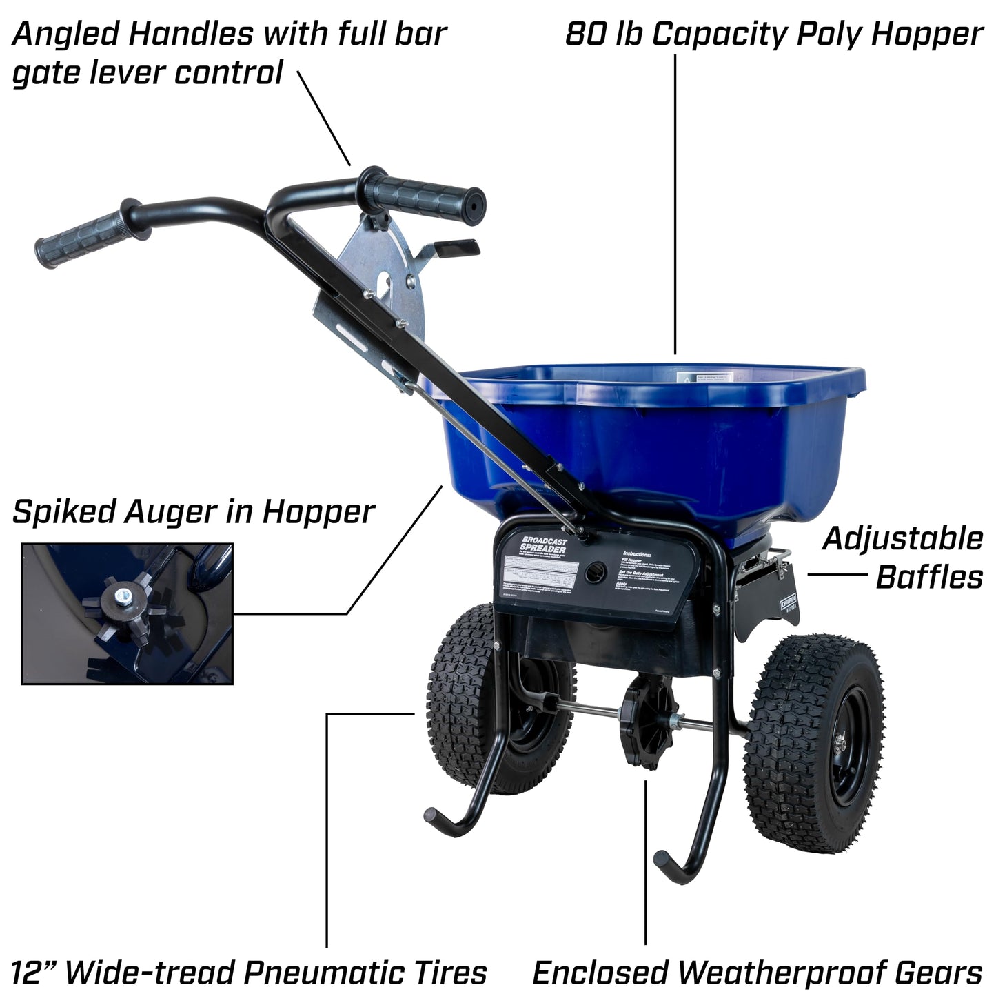 Chapin 88300B Spreader, Salt, Ice Melt, Contractor, SaltPro, Walk Behind, Spiked Auger, Adjustable Baffles, 12" Tires, Lever Control, Enclosed Gears, Weather-Resistant, Rain Cover, 80Lbs