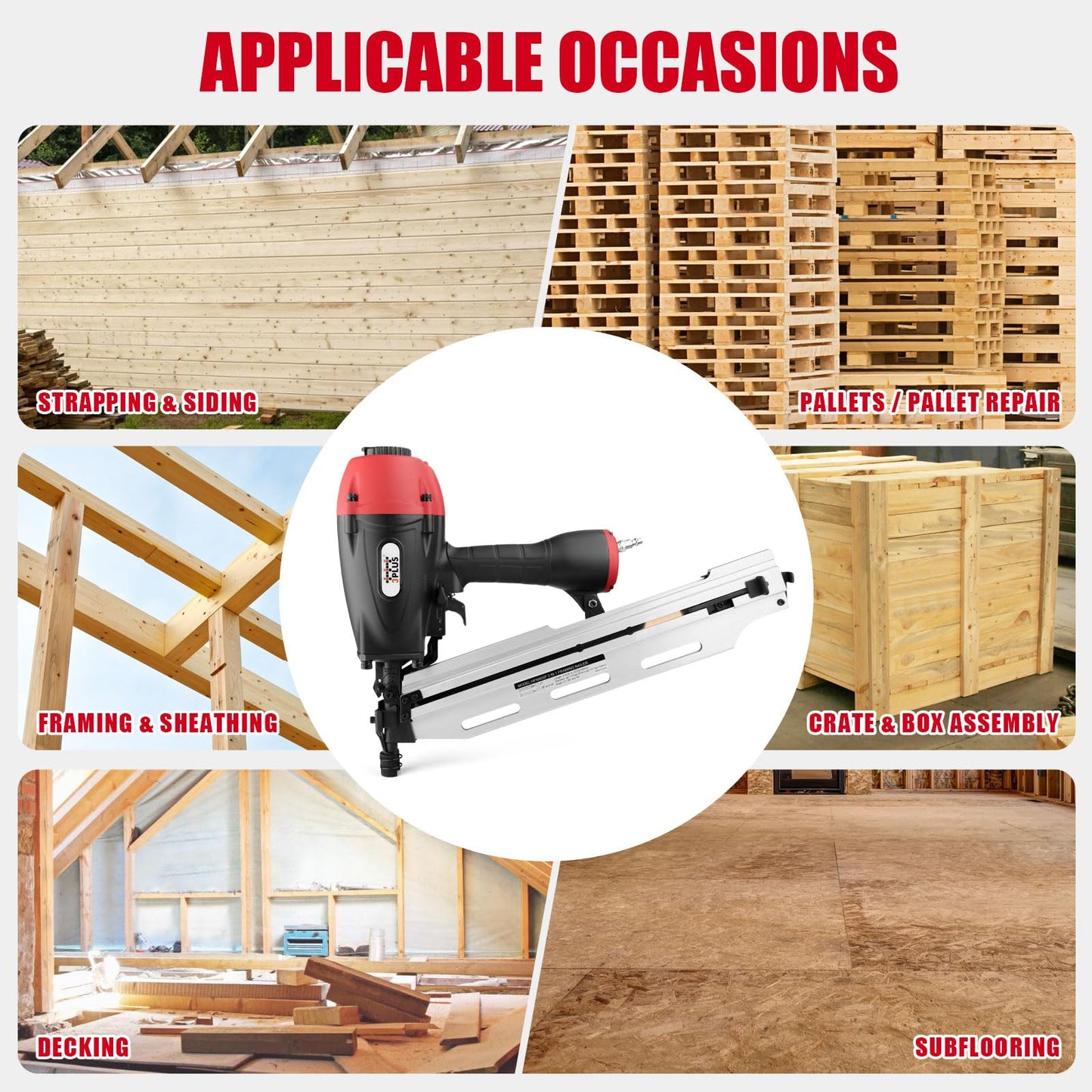 3PLUS HFN90SP 3-in-1 Air Framing Nailer with Adjustable Magazine for 21/28/34 Degree Nails