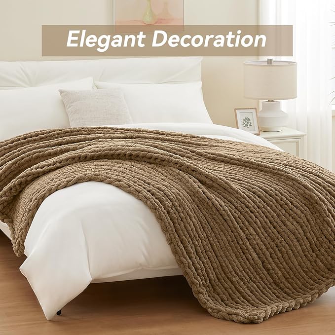 Negwoo Chunky Knit Throw Blanket, 60''*80'' Knitted Throw Chenille Yarn for Bed Couch, Handmade Light Brown Crochet Big Thick Blanket, Machine Washable Cute Comfy Blanket for Home Decor