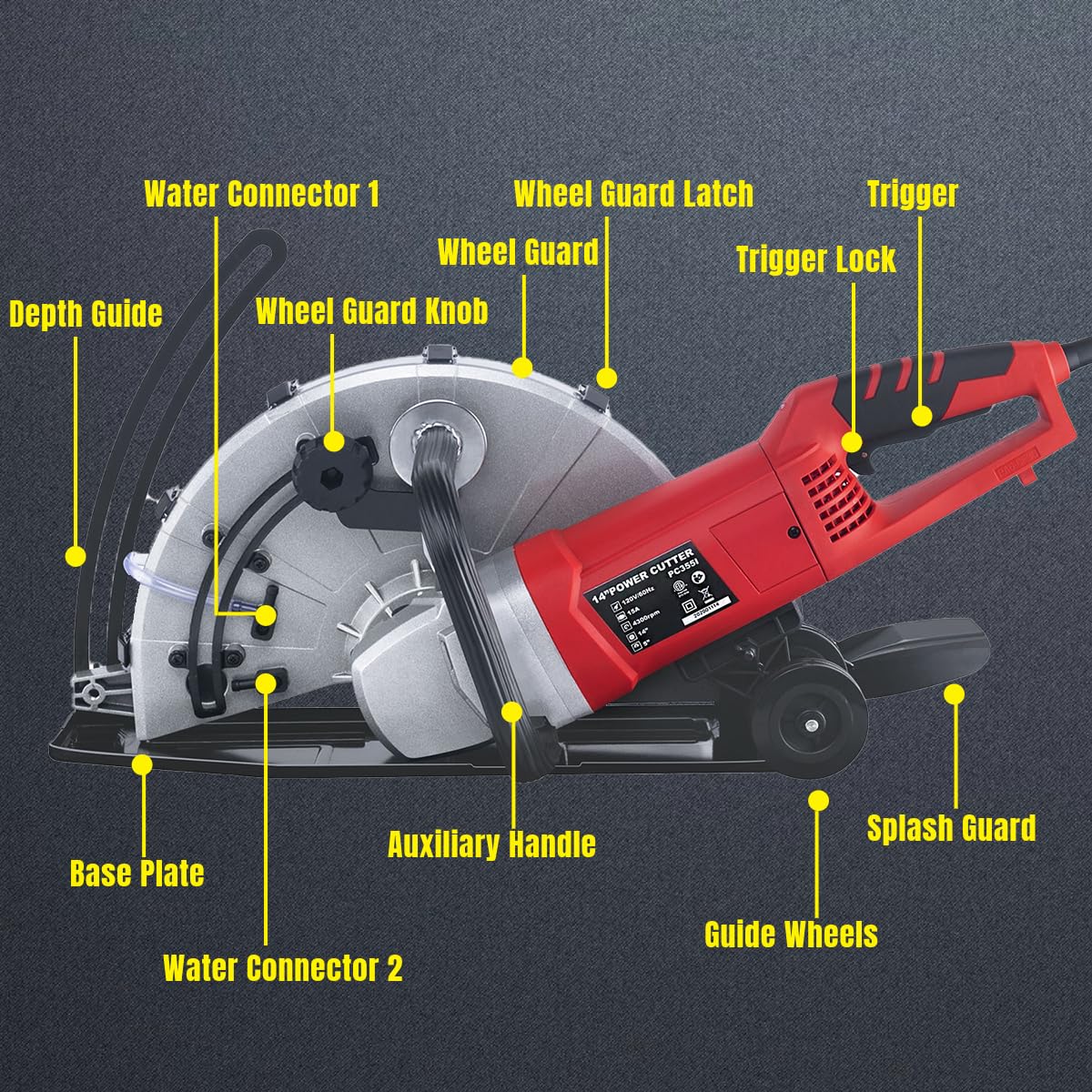 Steel Force KPC 3551 Portable 14" Wet/Dry Electric Corded Circular Concrete Saw/Power Angle Cutter 2600W w/Water Line & Guide Roller (With Blade)