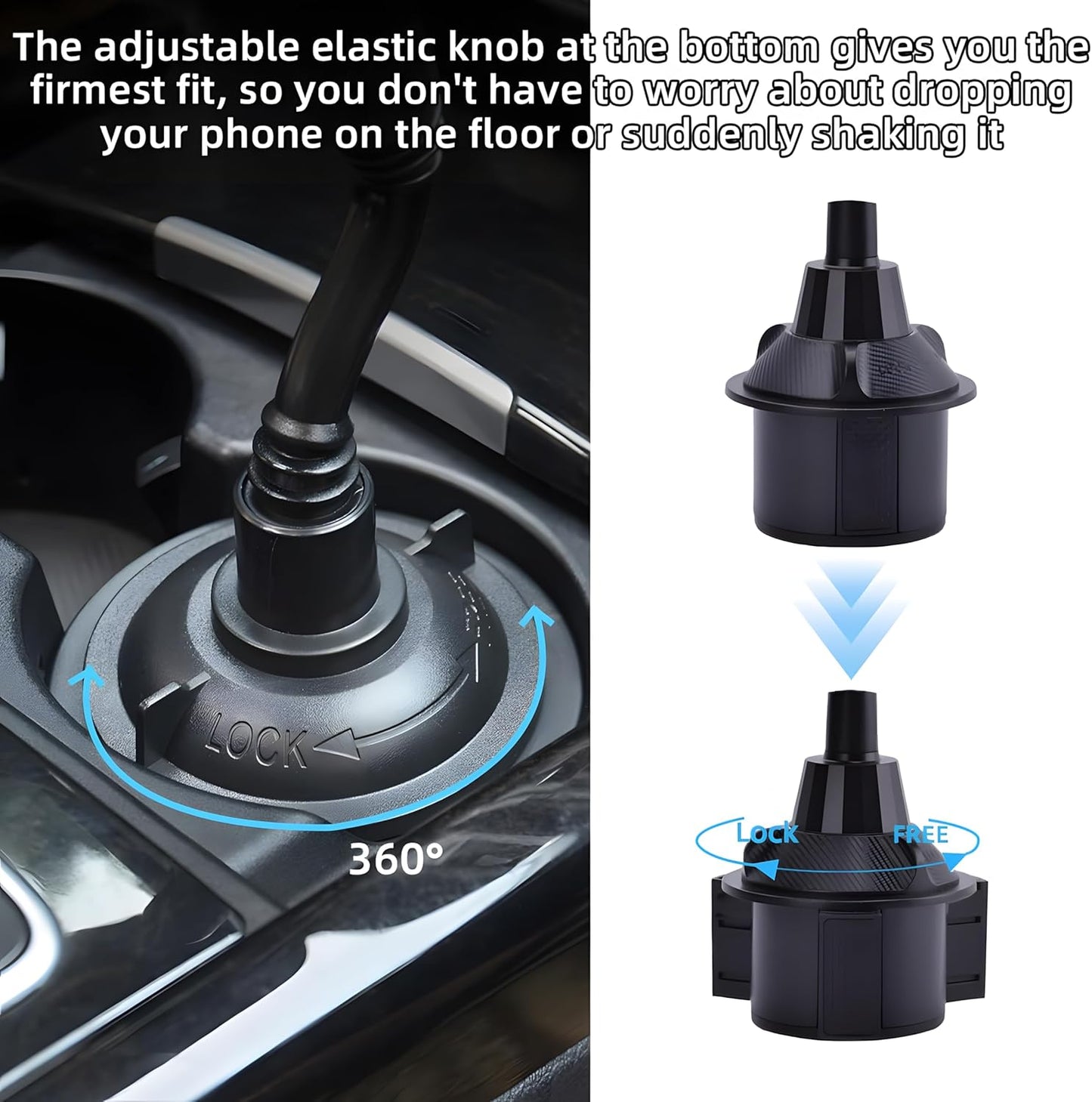 Bokexing 360 Car Cup Holder Phone Mount, Automotive Rotatable Adjustable Gooseneck Height Cell Phone Cradle Mount