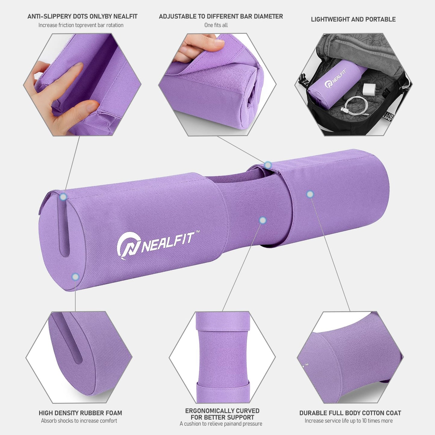 NEALFIT Barbell Squat Pad with Thick Nylon Padding, Hip Thrust Pad for Squats, Lunges, Neck Shoulder Squat Pad for Olympic or Standard Bars (Purple)