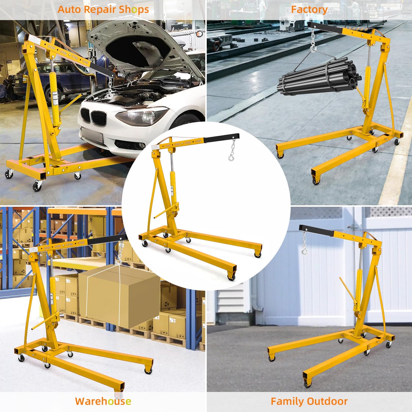 GarveeTech 2 T Engine Hoist, 4000 LBS Heavy Duty Folding Cherry Picker Engine Lift Hydraulic Tilting Engine Shop Crane with 6 Iron Caster Wheels Telescopic Boom Hitch,Yellow