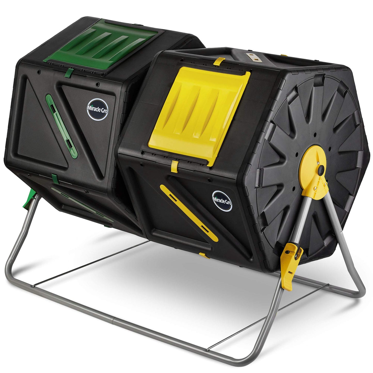 Miracle-Gro Large Dual Chamber Compost Tumbler, 55.4 Gallons – Easy-Turn, Fast-Working System – All-Season, Heavy-Duty, High Volume Composter with 2 Sliding Doors (2 x 27.7 gallons)
