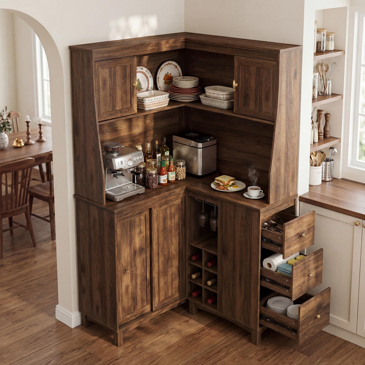 STO’Sense 71" Tall Corner Cabinet w/Charging Station,L-Shaped Kitchen Pantry Storage Cabinet w/3 Drawers,Countertop,Wine Rack,Shelves,Glass Holder&Sliding Door, Large Microwave Stand Hutch, Walnut