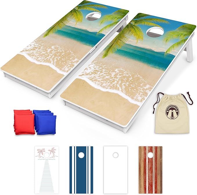 GoSports 4 x 2 ft Resort Collection All Weather Cornhole Boards - Choose Rustic, Beach, White DIY, Blue Stripe, Palms - Regulation Size Set