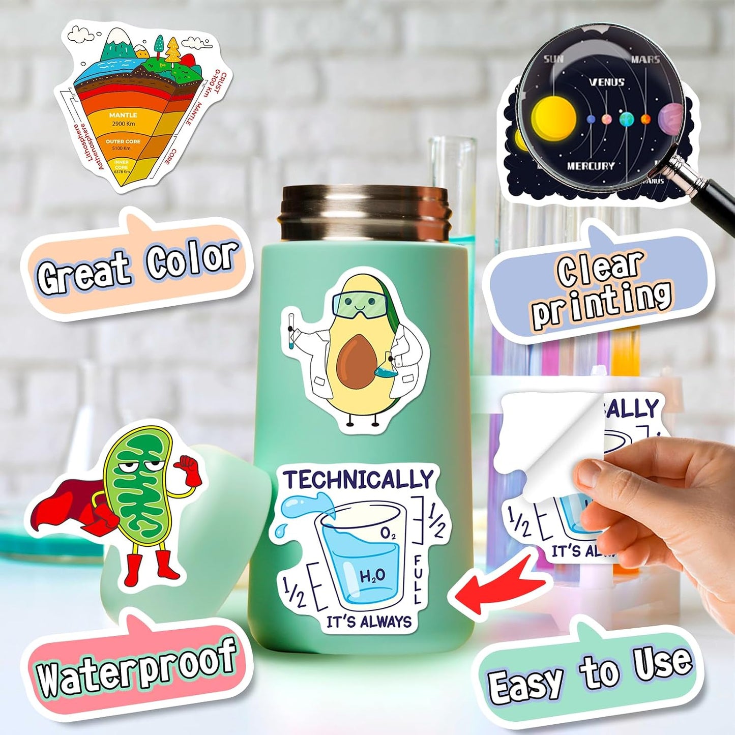 200PCS WAKEMOODEI Science Stickers Bulk, Chemistry Biology Physics Geology Natural Science Stickers for Kids Student
