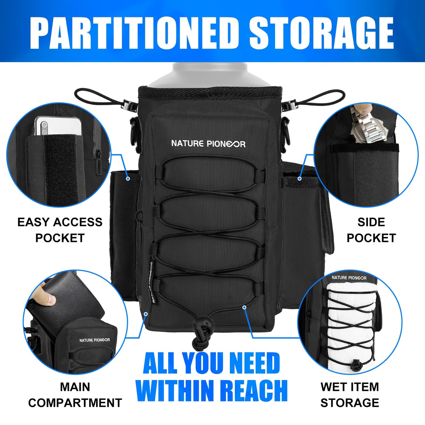 NATURE PIONEOR Magnetic Gym Bag for Men and Women - Magnet Water Bottle Holder Sling Carrier with Crossbody Shoulder Strap,Gym Accessories Pouch,Phone Pockets for Sports,Walking,Travel,Workout,Black