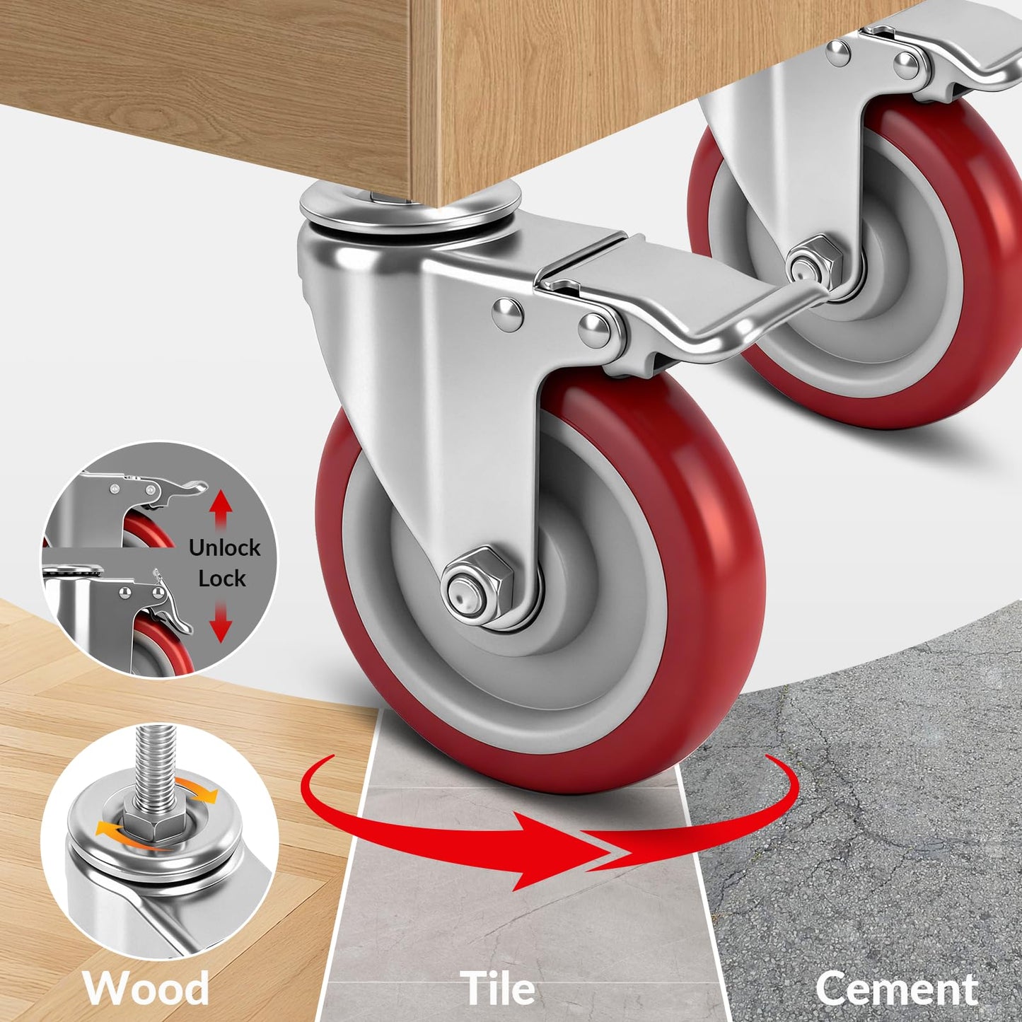 Caster Wheels, 5 Inch Locking Swivel Caster, 1/2"-13 x 1 (Screw Diameter 1/2", Screw Length 1.5") Threaded Stem Casters Set of 4 Heavy Duty,Industrial Castors Wheels for Cart,Furniture and Workbench