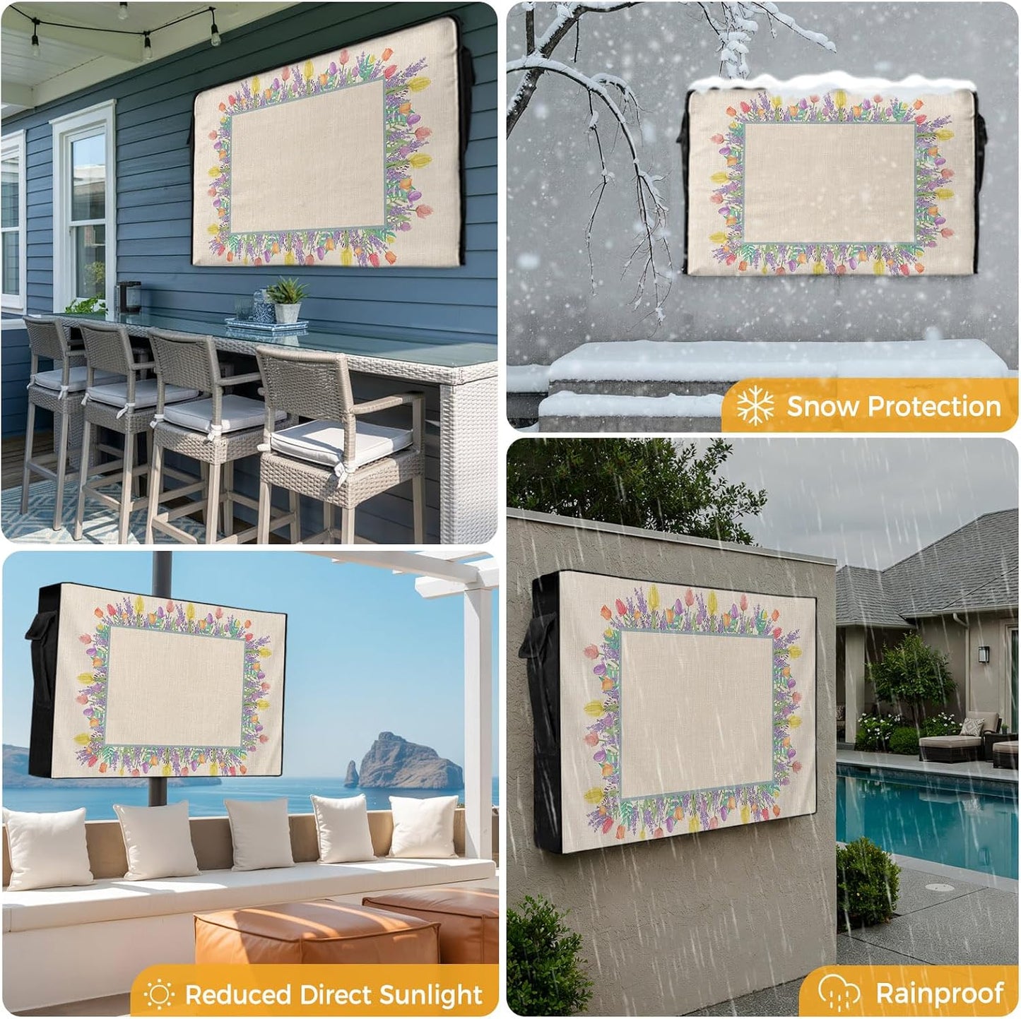 EZON-CH 40-43 inch Outdoor TV Cover Floral Plants Tuilps Lavender Linen Texture Weatherproof TV Screen Protector