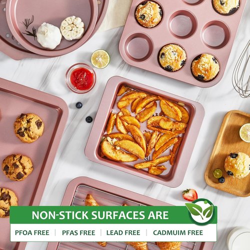 HONGBAKE Nonstick Bakeware Set - 10-Piece Kitchen Baking Pans with Wider Grips | Pink