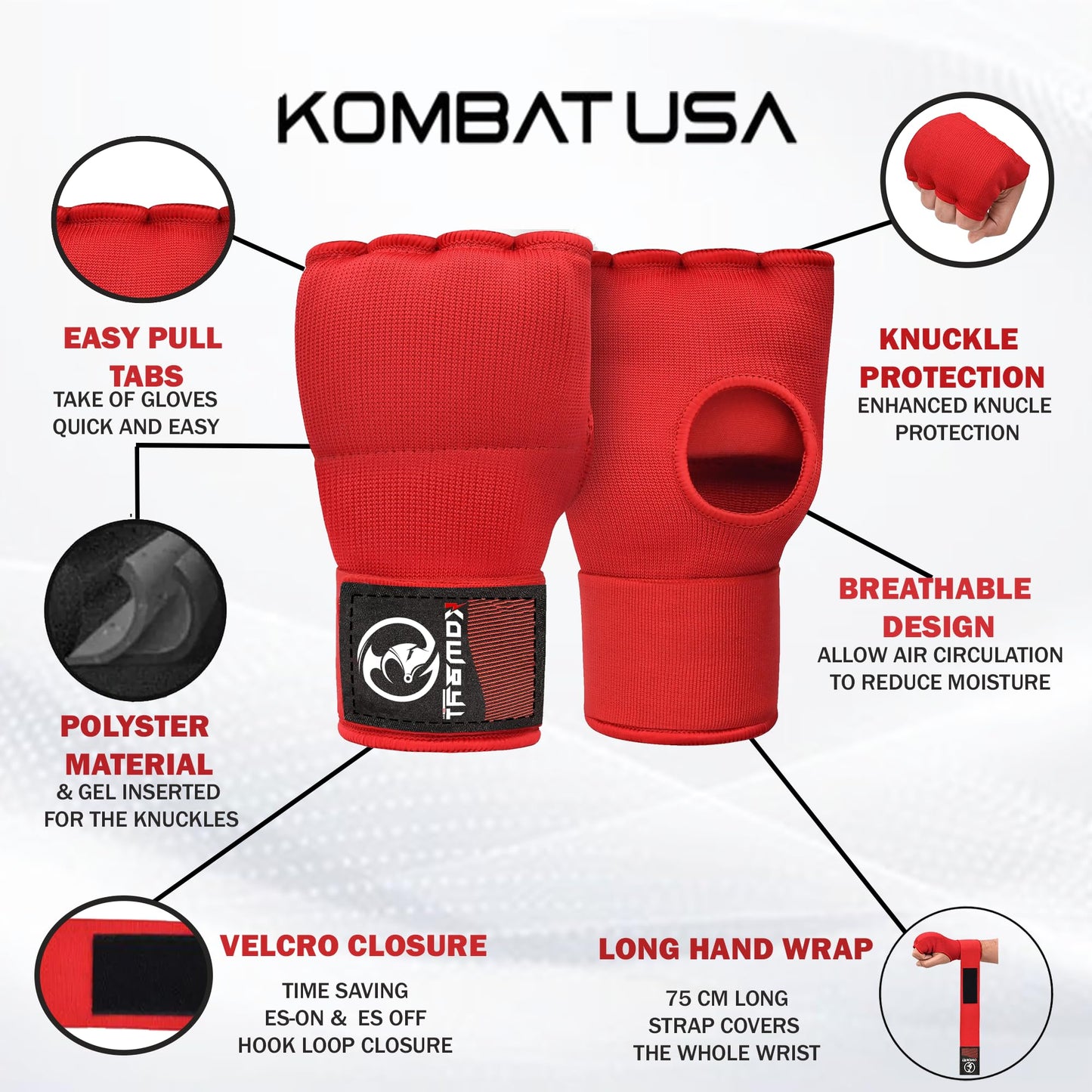 Kombat Gel Boxing Hand Wraps, Padded Inner Gloves for Men & Women, 75cm Quick Wrist Wraps, Knuckle & Wrist Protection for Muay Thai, MMA, Kickboxing, Martial Arts, Punching Training (Red, X-Large)