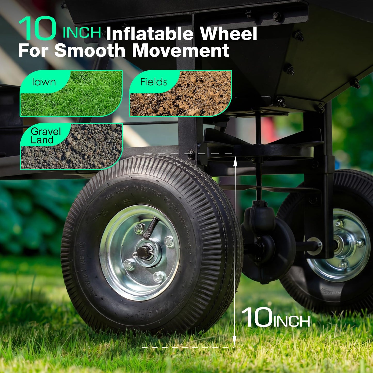Suchtale Tow-Behind Broadcast Spreader, 130 lbs Capacity, Heavy Duty Fertilizer and Seed Spreader with Adjustable Flow Control Lever,10" Pneumatic Tires, Durable Metal Hopper for Various Terrain Type