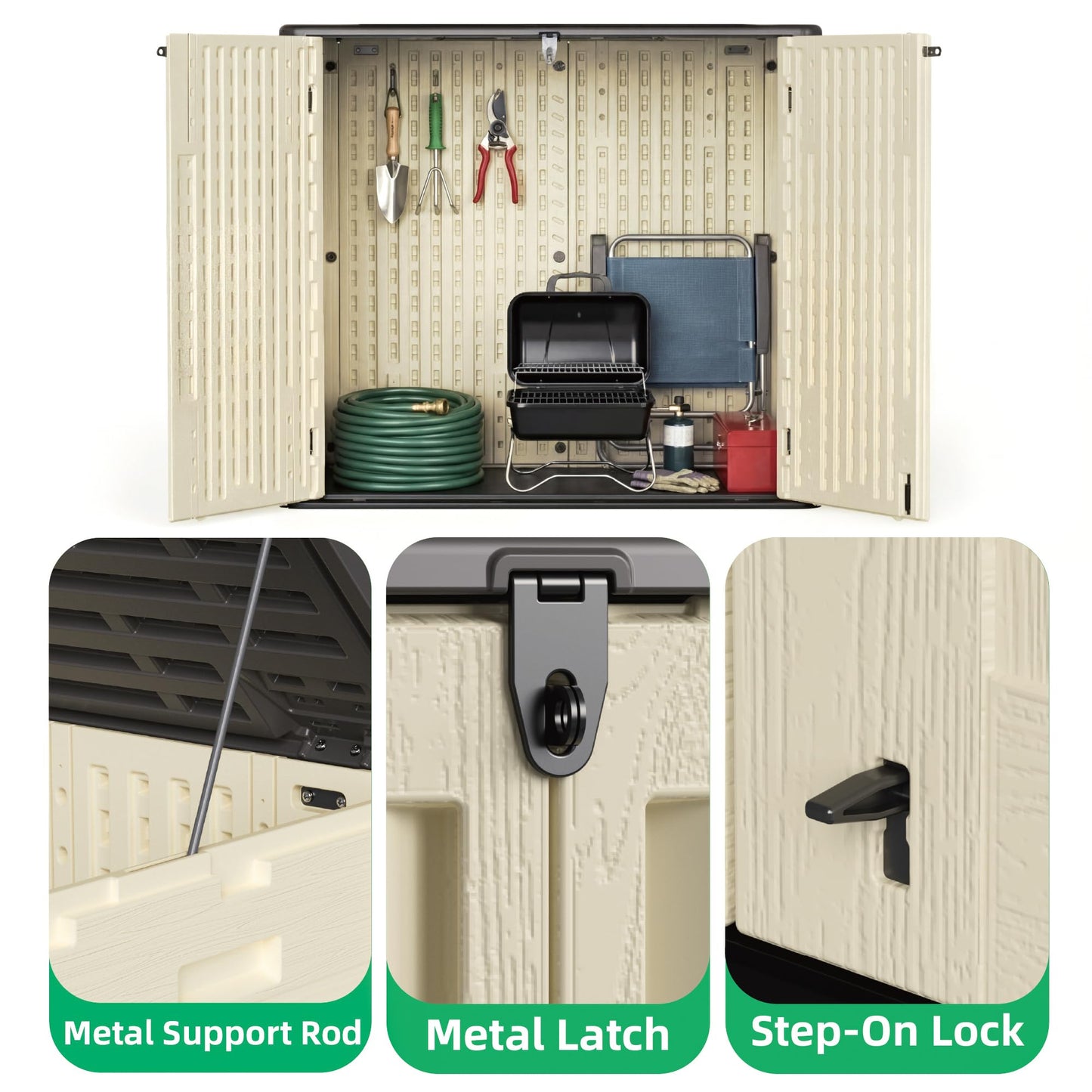 Allpop Outdoor Storage Shed, 31 Cu.Ft Resin Horizontal Storage Cabinet for Trash Cans, Patio & Garden, Khaki