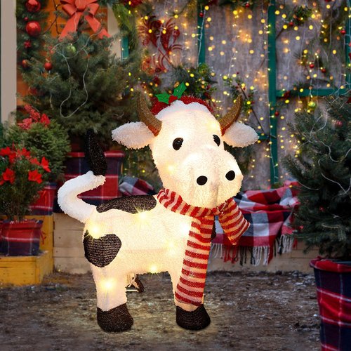 Lulu Home 21" H Christmas Yard Decoration, 3D Pre-lit Cow with 35 Warm White Lights, Light Up Diary Cattle Wearing Scarf & Santa Hat for Xmas Indoor Outdoor Holiday Lighted Display