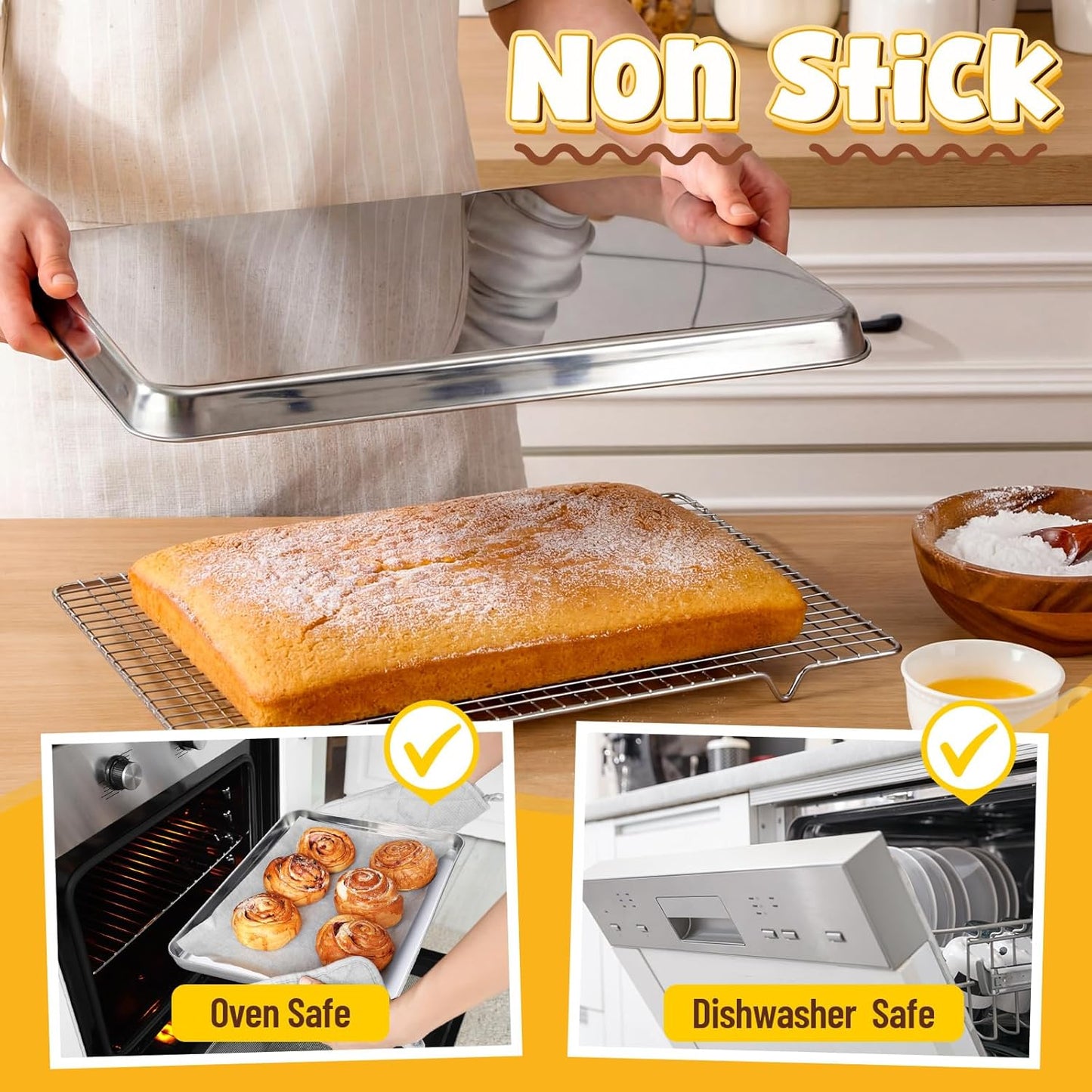 Skiennix Stainless Steel Baking Pans - 4 Pack Commercial Grade Cookie Sheets | Heavy Duty, Non-Stick, 16/18/20/24 Inch