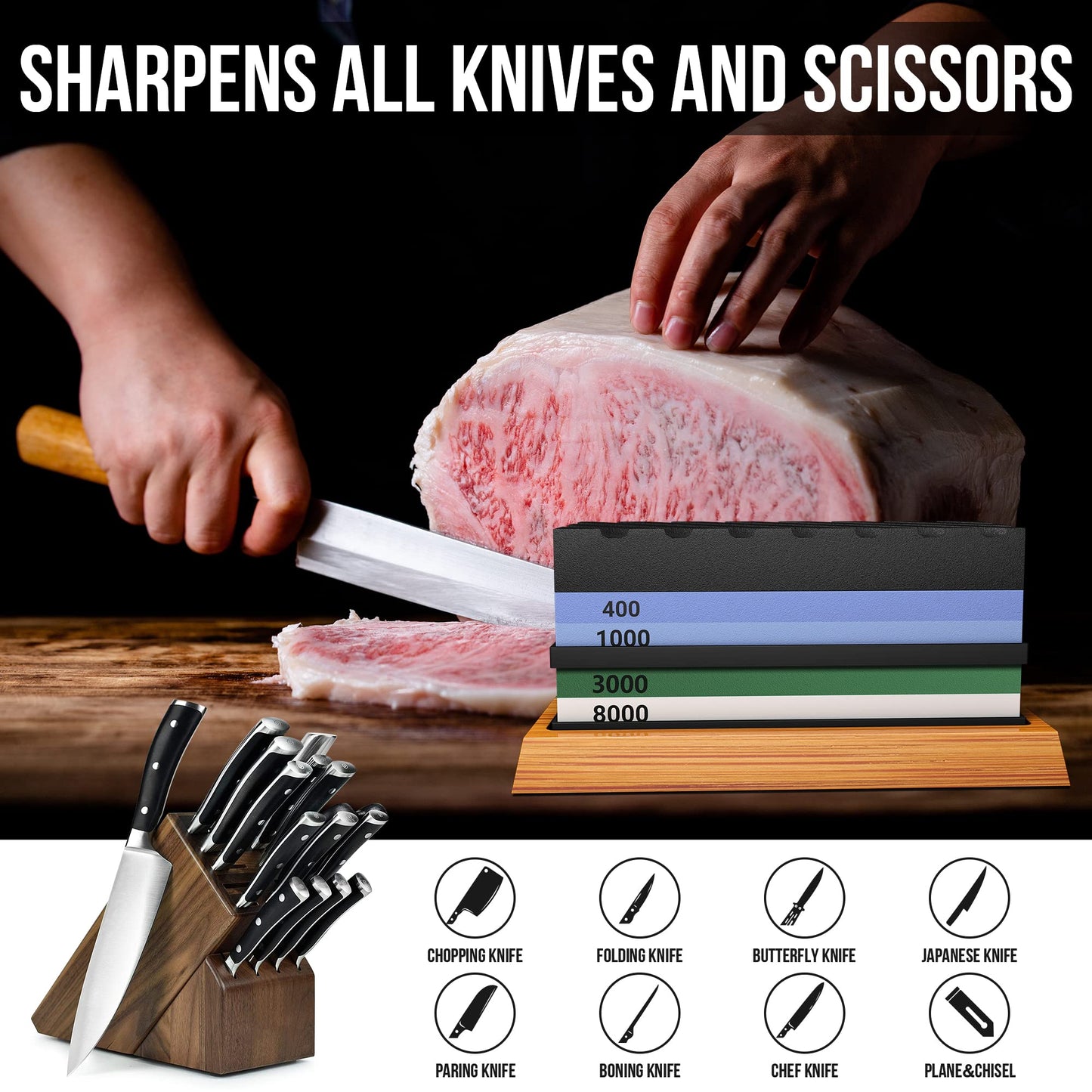 YeopAsda Knife Sharpening Stone Set - Premium 4 Side Grit 400/1000 3000/8000 Whetstone Sharpener Kit - Non-Slip Bamboo Base,Cut Resistant Gloves, Angle Guide,Flatting Stone,Honing Guide,Leather Strop