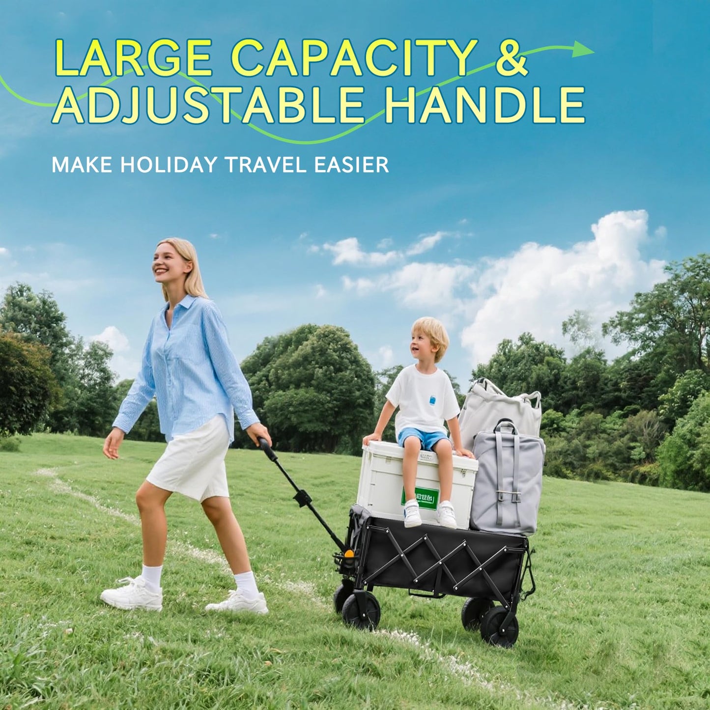 Collapsible Wagon with Wheels, 330 lbs Wagons Carts Foldable Wagon Cart, Carbon Steel Frame Structure, Lightweight Portable Folding Utility Grocery Shopping Cart for Grocery Sports Garden Camping