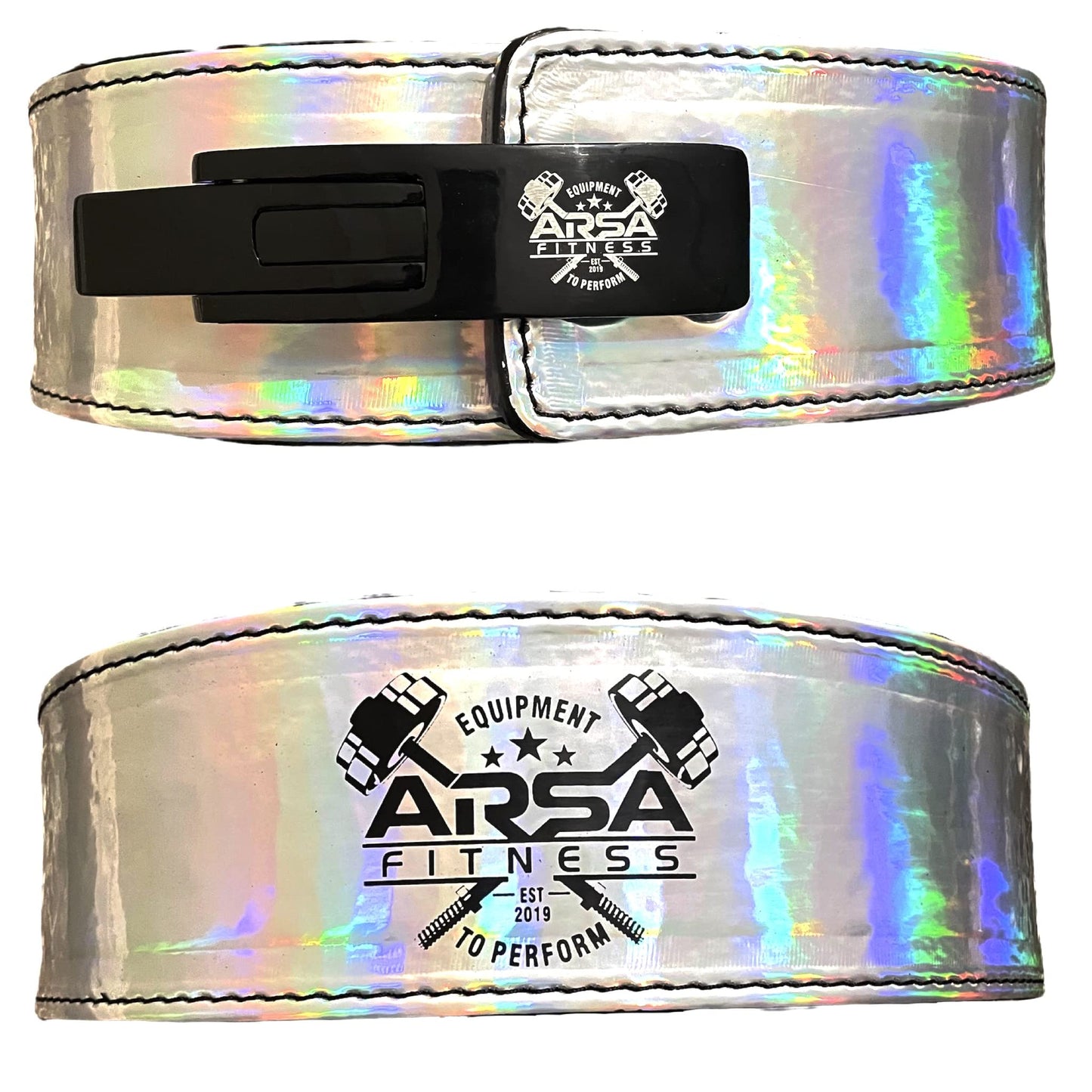 Arsa Fitness Weightlifting Adjustable Lever Belt for Men & Women Real Cow Hide Leather for Powerlifting Back Support Workout Deadlifts Squats 10MM Thickness 4" Width (X-LARGE, HOLOGRAPHIC)