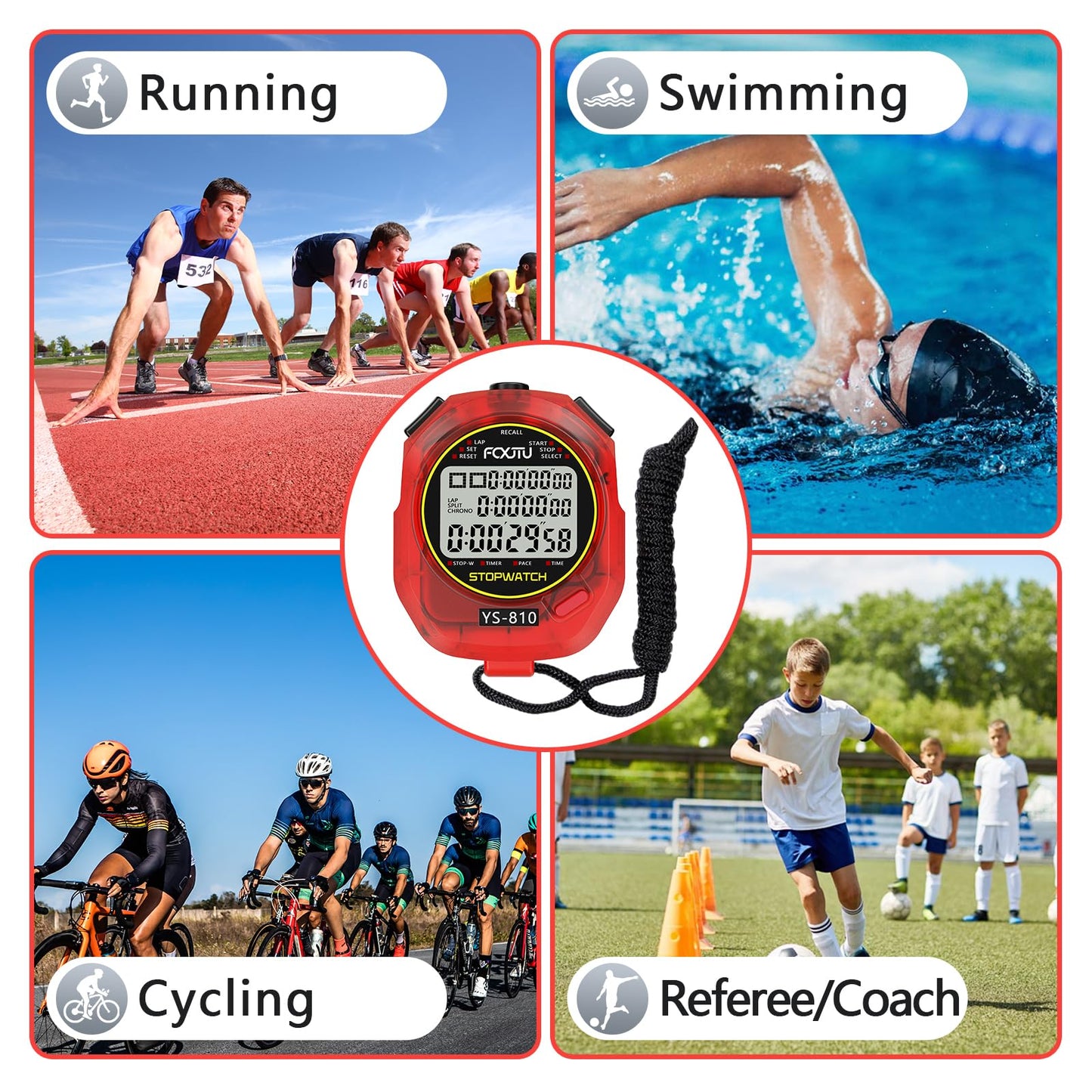 FCXJTU Sports Stopwatch Timer, 10 Lap/Split Memory Digital Stopwatch Countdown Timer with 12/24 Hour Clock Alarm On/Off, Calendar 3-Row Extra Large Screen Lanyard for P.E Coach and Referees (Red)