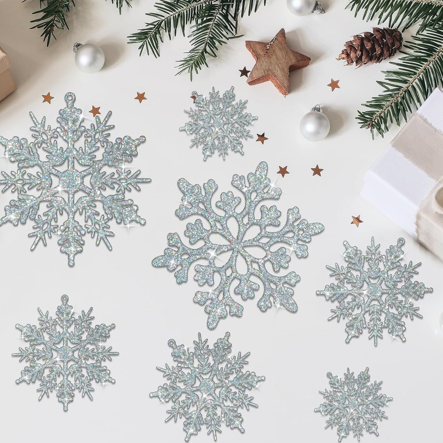 Skiennix 36-Piece Iridescent Silver Christmas Snowflake Ornaments - Sparkling Glitter Decor for Holiday Home & Winter Parties
