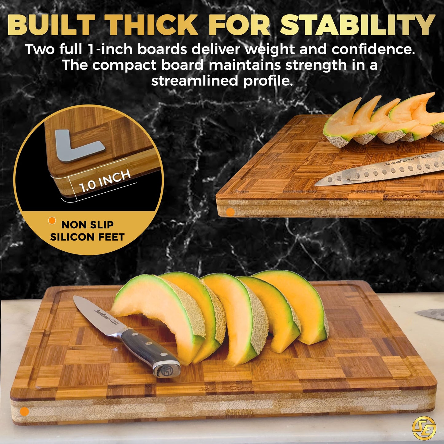 SliceElite Extra Large Bamboo Cutting Board Set 3 Piece End Grain Wooden Chopping Boards with Holder Non Slip Feet Juice Groove XL Butcher Block Style Boards for Kitchen Carving and Serving