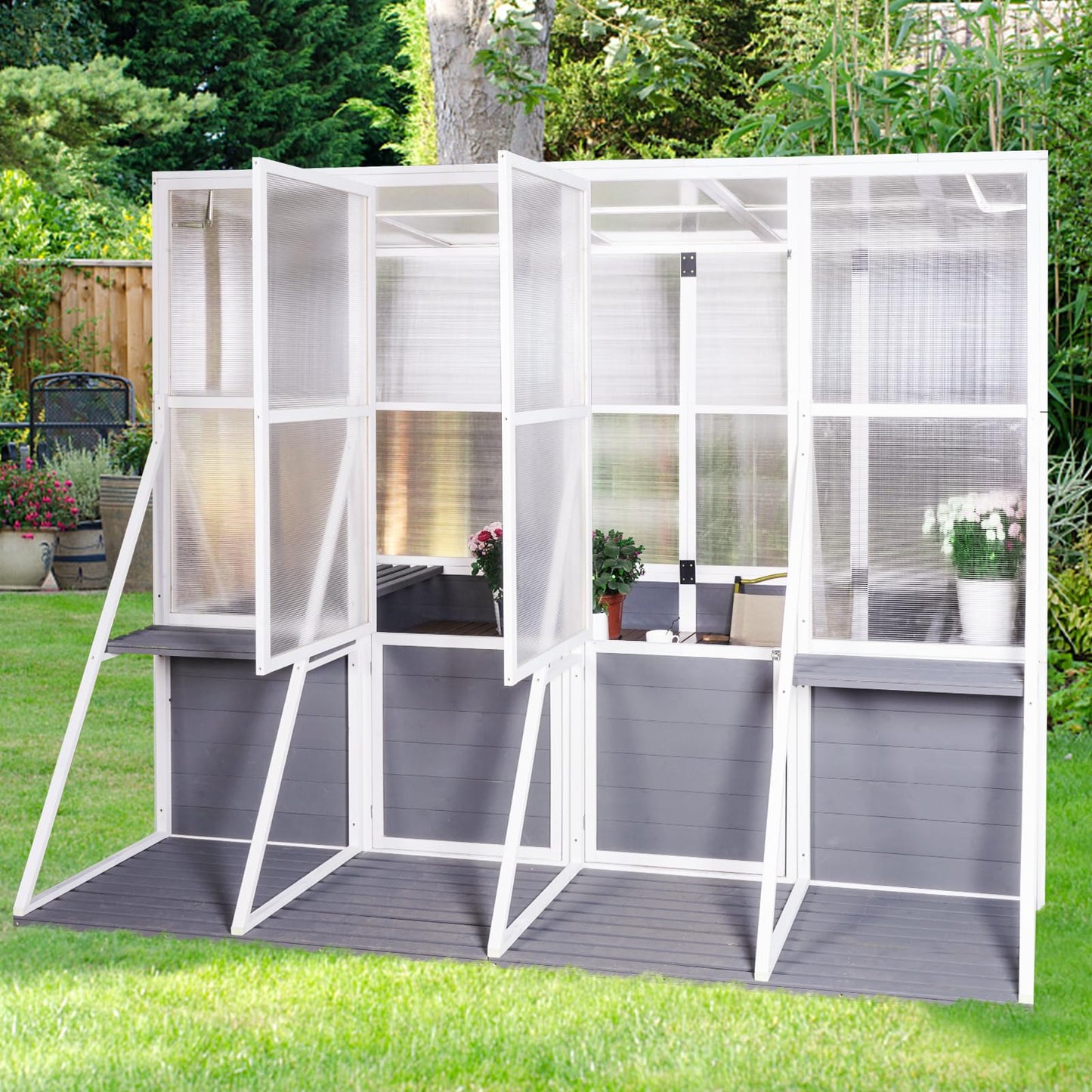 KEIKI Outdoor Polycarbonate Greenhouse Wooden Lean to Greenhouses, Heavy Duty Walk-in Green House w/ Triangular Support, Adjustable Roof & Shelves, Large Hot House for Sunroom Storage Shed, Garden