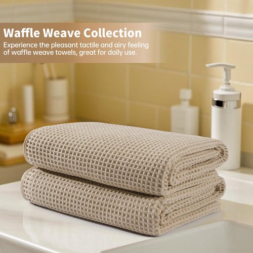 MICROFI New Microfiber Waffle Bath Towels, 2 Pieces, Oversized, Soft, Absorbent, Fast Drying, Lint Free 430 GSM (Beige)