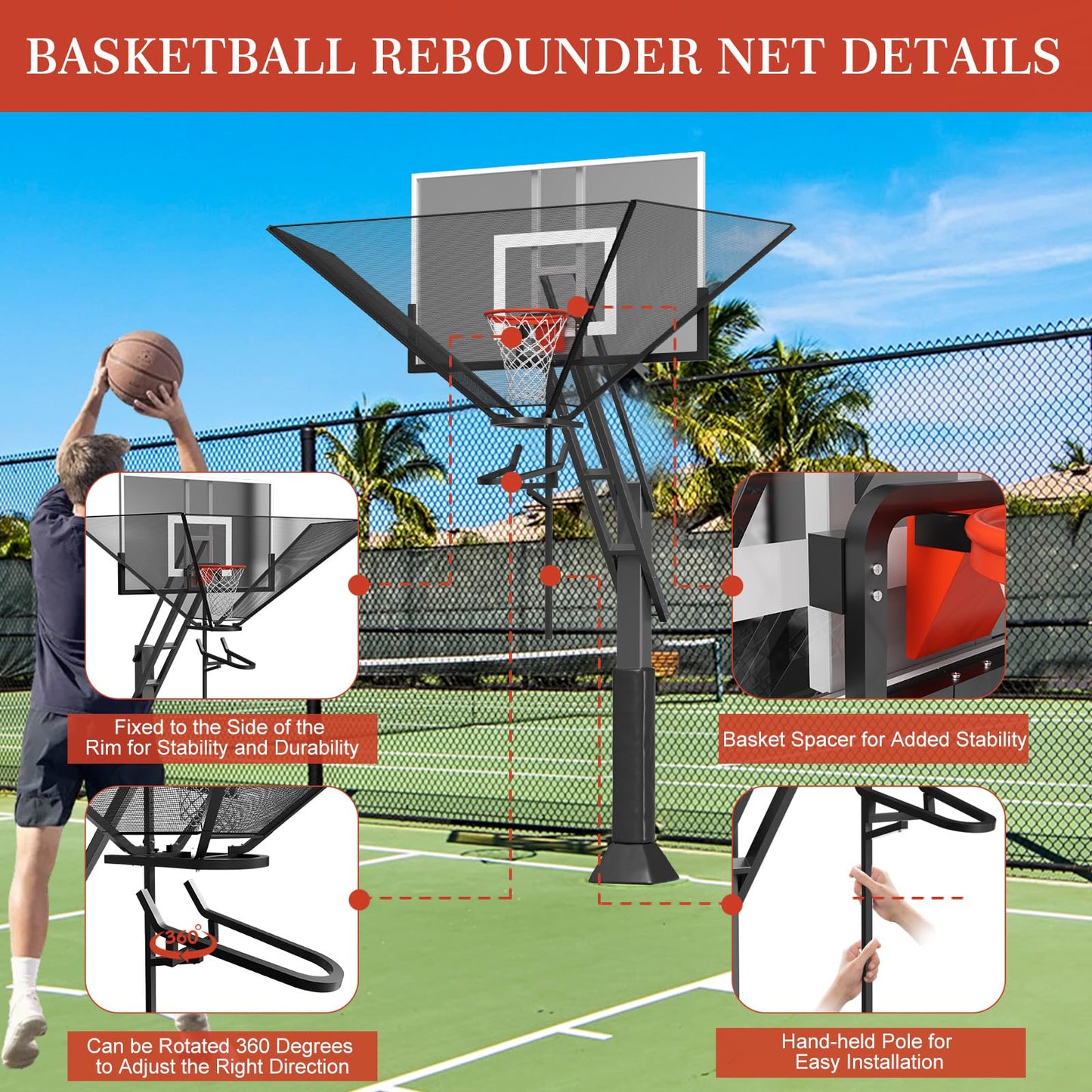 Basketball Rebounder Net Return System Machine Portable Suspended Shooting Basketball Rebounder Device Heavy Duty Basketball Training Equipment with 360°Rotating Track for Continuous Solo Practice