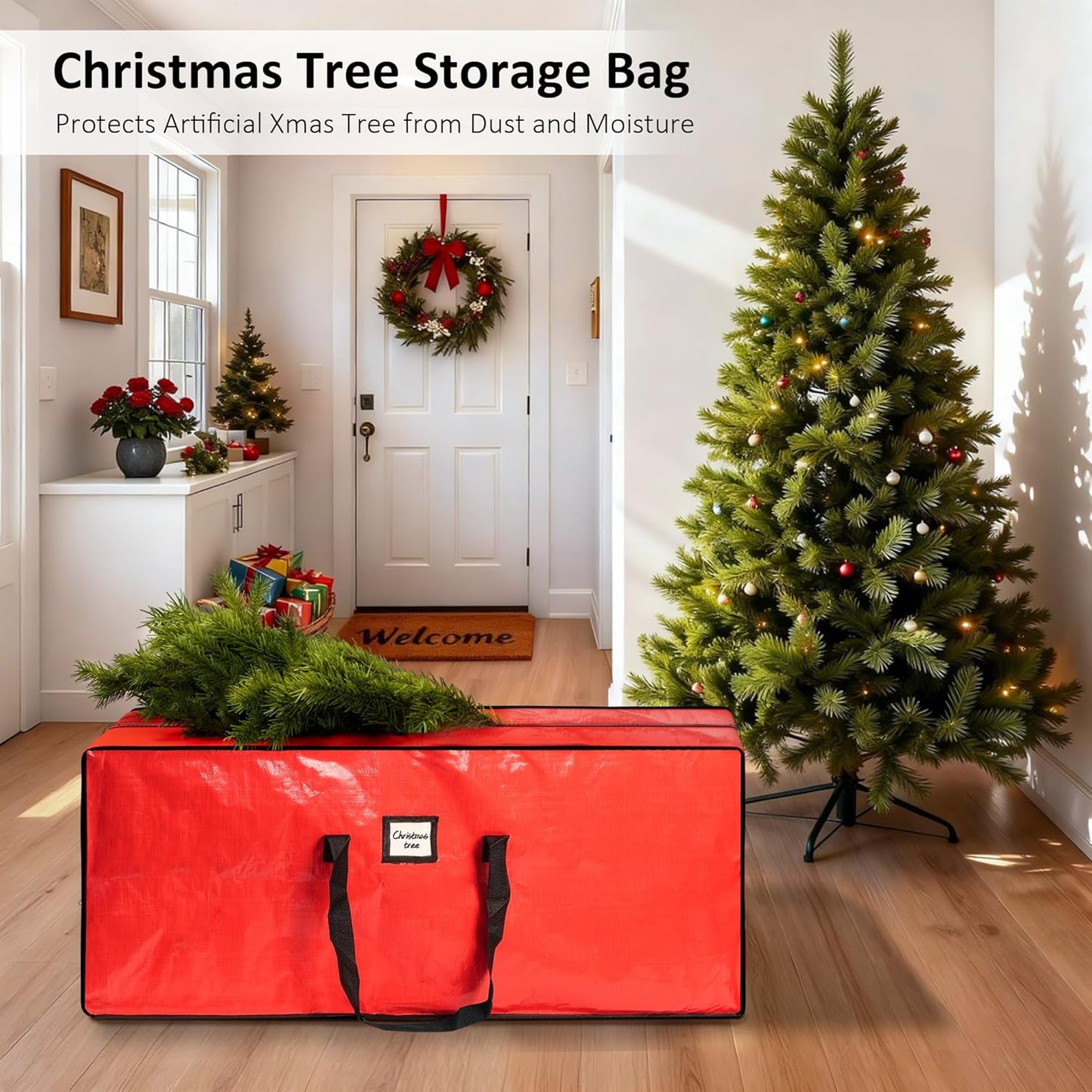 Skiennix 9 ft Christmas Tree Storage Bag - Waterproof, Durable Handles & Dual Zippers, Red