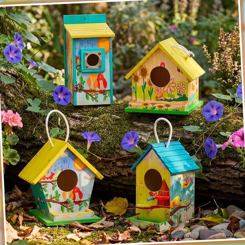Liliful DIY Wooden Birdhouse Kit - 4 Pack Arts & Crafts Set with Paint & Brushes for All Ages | Indoor & Outdoor Fun