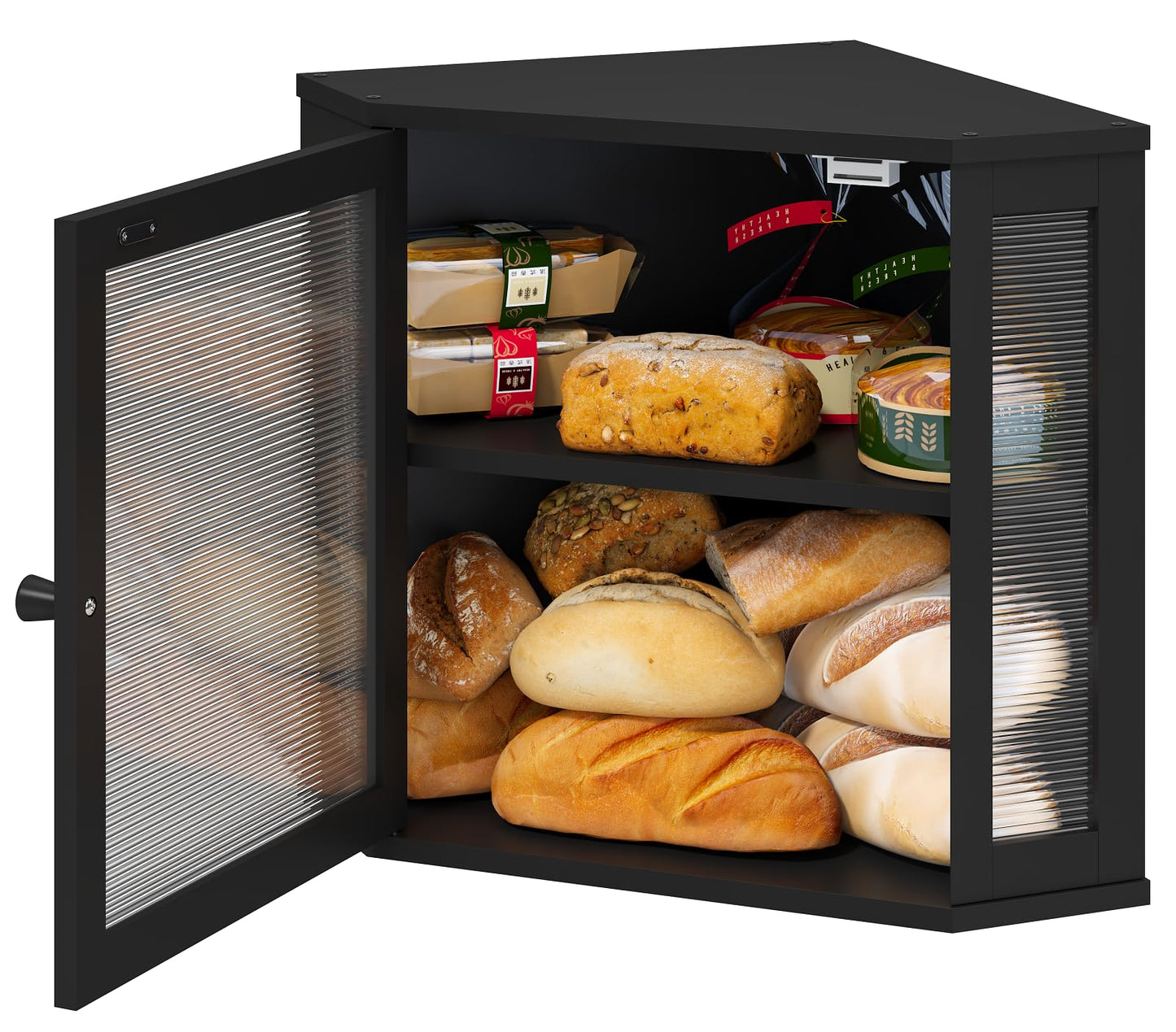 viewcare Corner Bread Box for Kitchen Counter, Bamboo Wood Black Bread Box, Large Capacity Bread Storage Bin with Acrylic Wavy Door Panel (Black, Meduim)