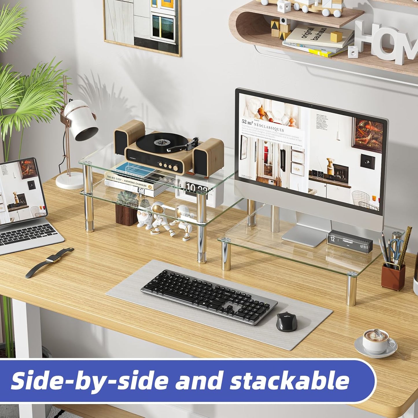 2 Pack Simple Trending Computer Monitor Riser with Height Adjustable, Tempered Glass, Multi Media Desktop Stand