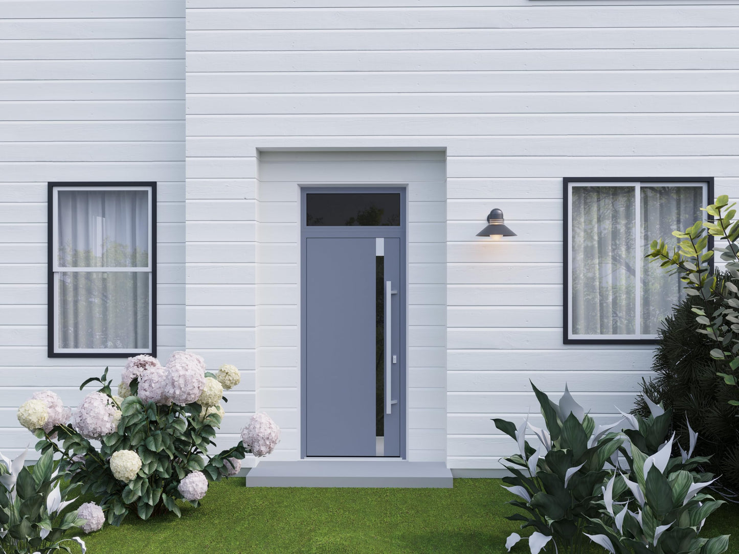 VDOMDOORS Front Exterior Prehung Steel Door/Ronex 1011 Grey/Top Exterior Window Sidelite/Stainless Inserts Entry Metal Modern Painted W36 x H80+16" Left Hand Inswing