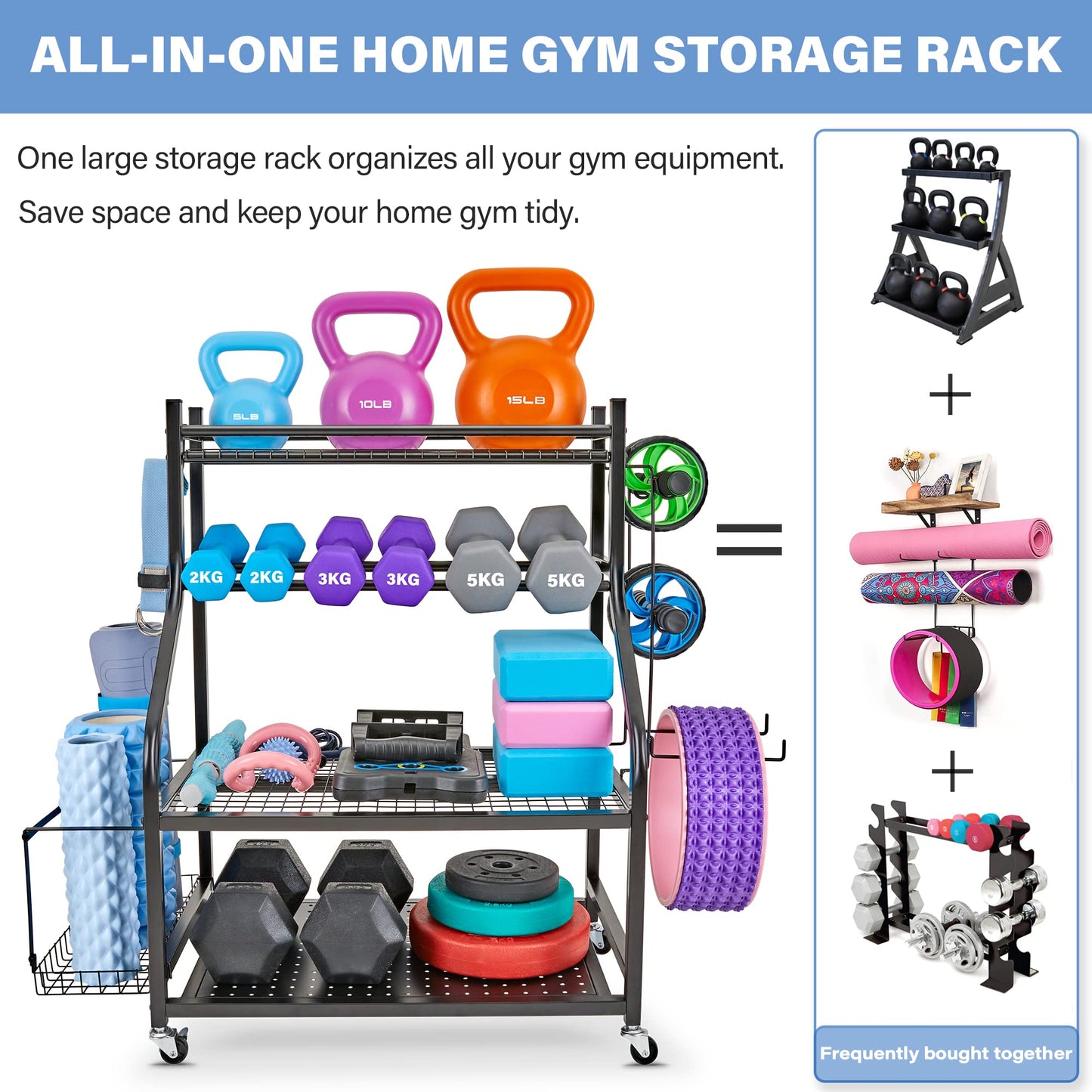 NBTORCH Dumbbell Rack - Weight Rack for Dumbbells, Home Gym Storage Rack for Yoga Mat, Dumbbells and Kettlebells, All in One Workout Equipment Storage with Caster Wheels (Hold Up to 450 Lbs)