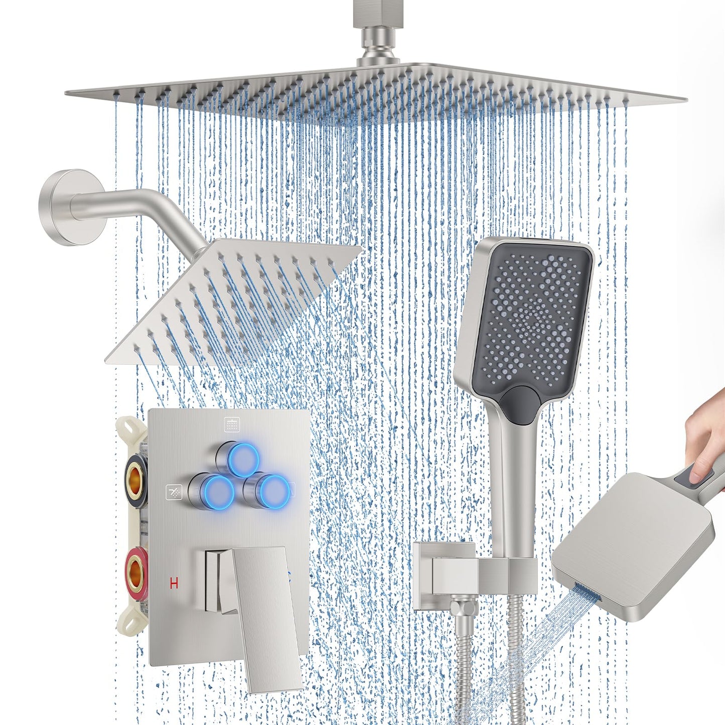 Shower Faucet Set, 12" Ceiling Mount Rainfall Shower System with 2 Rain Shower Head and Multi-function Handheld Head Push Button Diverter Shower Faucet Trim Kit (12", Brushed Nickel)