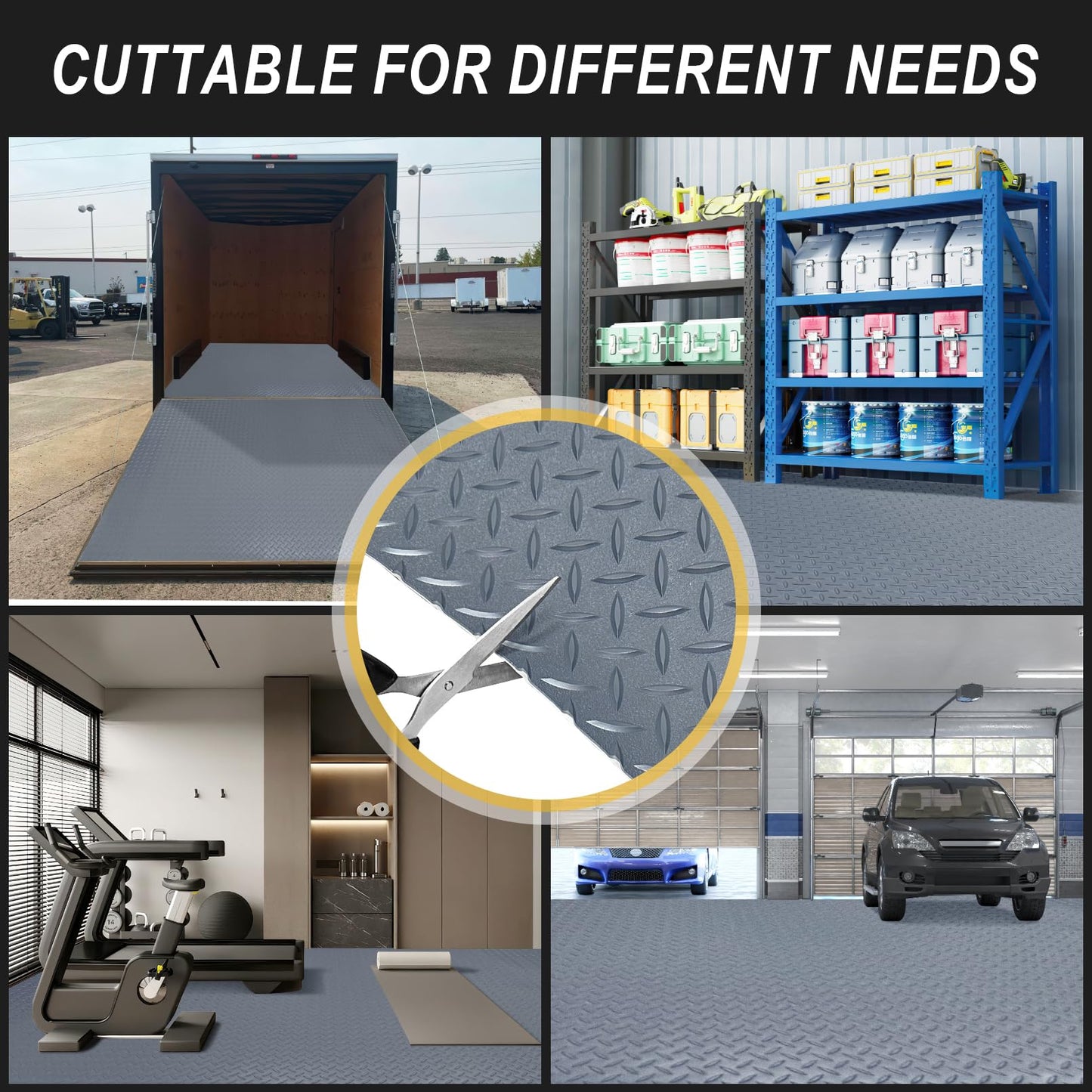 7.5x25 FT Garage Floor Mat, 2.8mm Thickened Flooring Roll Under Car Mat with 20Pcs Tapes, Diamond Plate, Non-Slip Floor Protector Mat for Trailer, Garage, Warehouse, Gyms, Trailer, Matte Gray