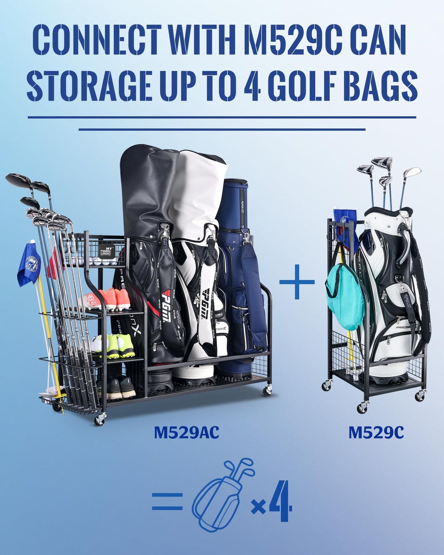 Mythinglogic 3 Golf Bags Storage Organizer-Extra Large Size Fits 3 Full Size Golf Bags,Golf Organizer for Golf Equipment and Accessories, Golf Club Storage Rack with Lockable Wheels
