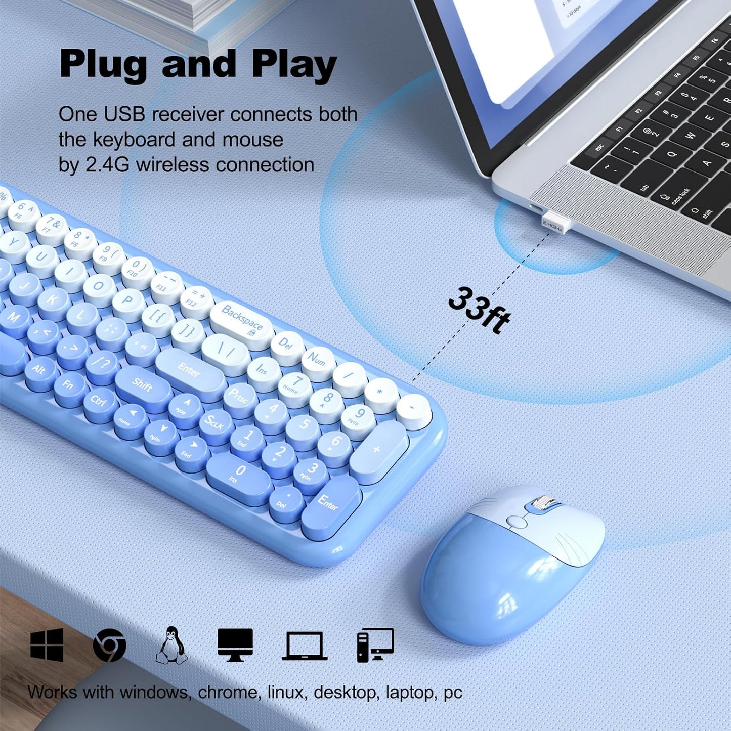 MOFII 2.4G Set, Wireless Keyboard and Mouse Combo, Full Size Retro Round Computer Keyboard and Mouse Plug and Play