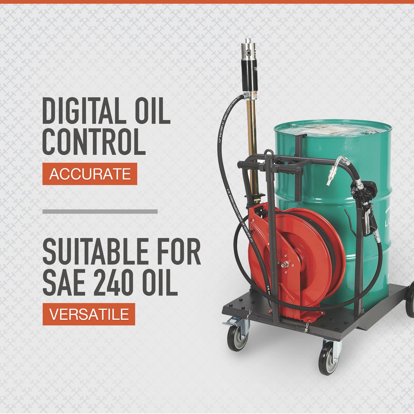 Ironton Mobile Oil Pump Kit, Air-Operated 5:1 Pneumatic Drum Pump with 3.7 GPM Flow, 50-Foot Retractable Hose Reel, Heavy-Duty Trolley Cart & Digital Control Valve Dispensing System