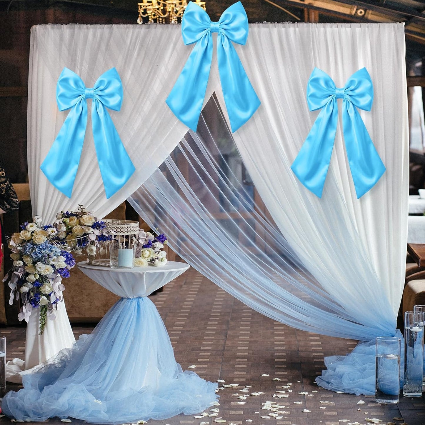 Suncalla Large Sky Blue Satin Bow Decorations - 3 Pcs 2 Ft Hanging Wall Decor for Weddings & Parties